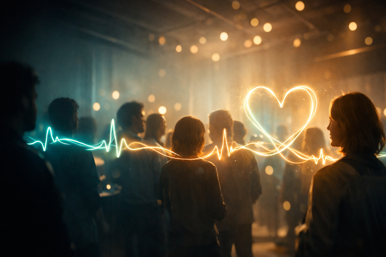 Light trails forming a heart above a crowd