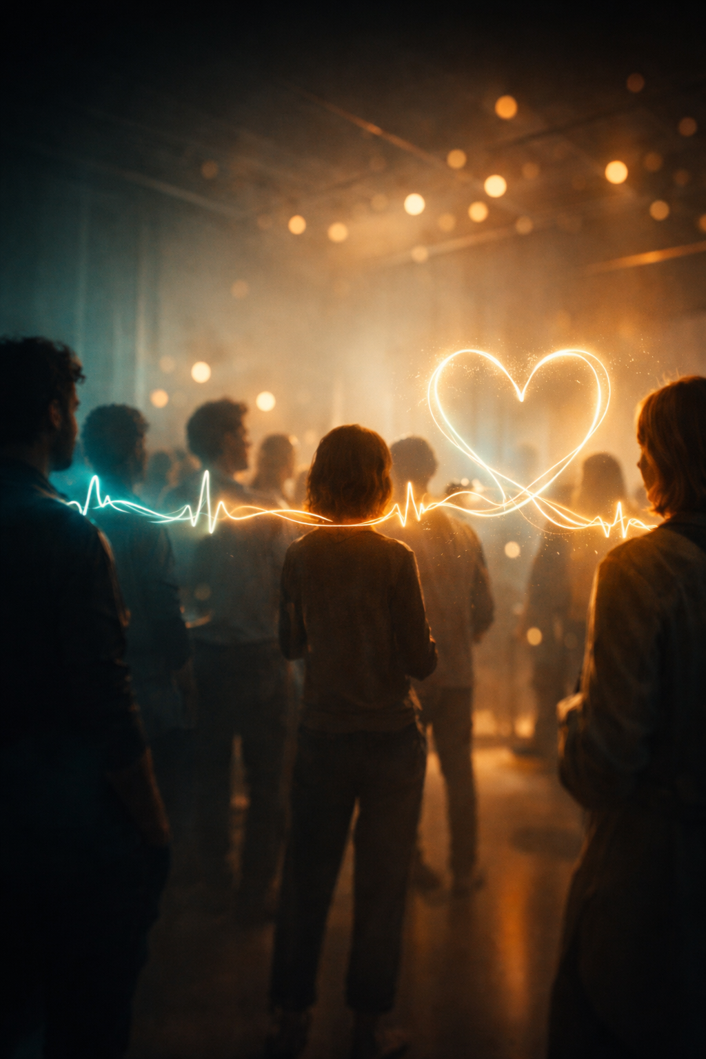 Crowd with light trails forming a heart